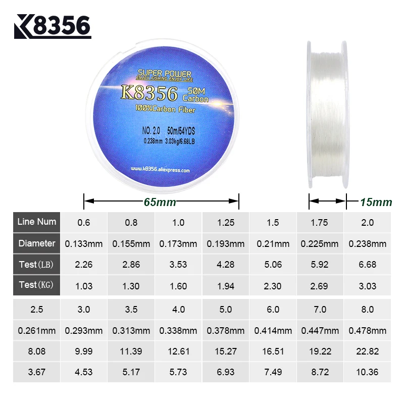 K8356 50 м углеродное волокно рыболовная леска для ловли нахлыстом 0,13-0,48 мм 1-10 фунтов Фторуглеродные Лески для ловли карпа быстро тонущий прозрачный Гладкий