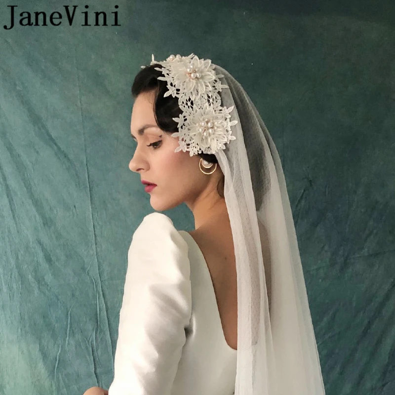 

JaneVini Vintage Bridal Veils Ivory/White Two Layer Lace Appliques Beaded Elbow Length Veil Soft Tulle Women Wedding Accessories