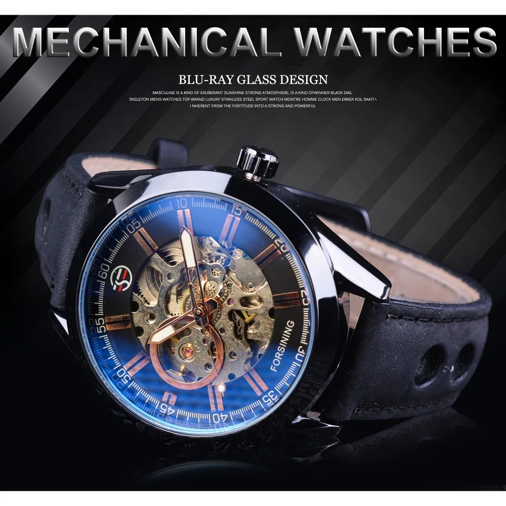 Мужские часы Forsining Blue Hardlex прозрачные автоматические из стекла и кожи черного