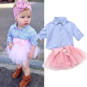 

Pretty Kids Baby Girl Plaid Denim Shirt and Tulle Skirt Toddler Girl Fall Outfit