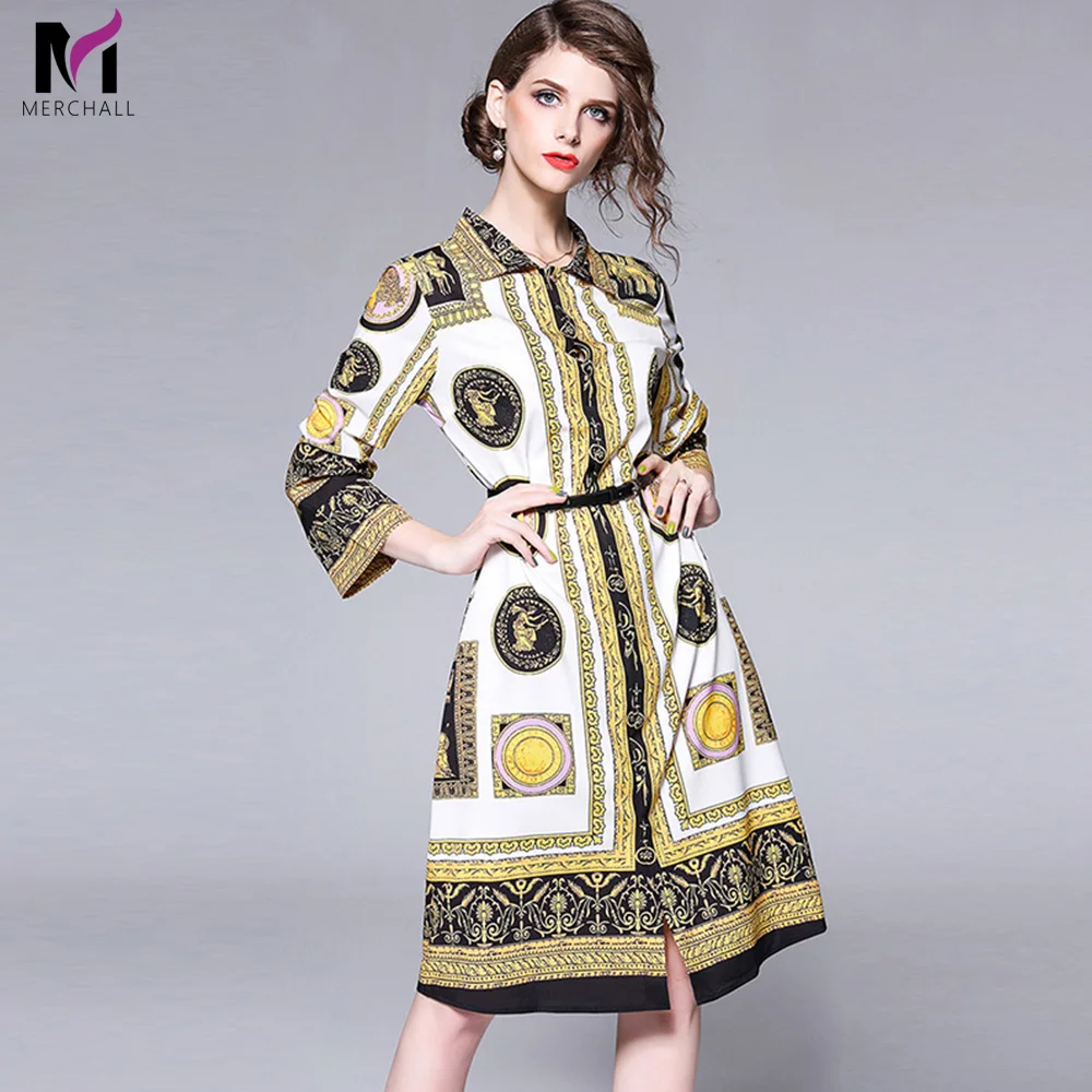 

Merchall Fashion Designer Runway Shirt Dress 2018 New Autumn Women Dress High Quality Vintage Retro Graphic Printted Short Dress
