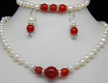 

free shipping 07846 White Baroque Pearl Red Jade Necklace bracelet earrings Sets (A0423)