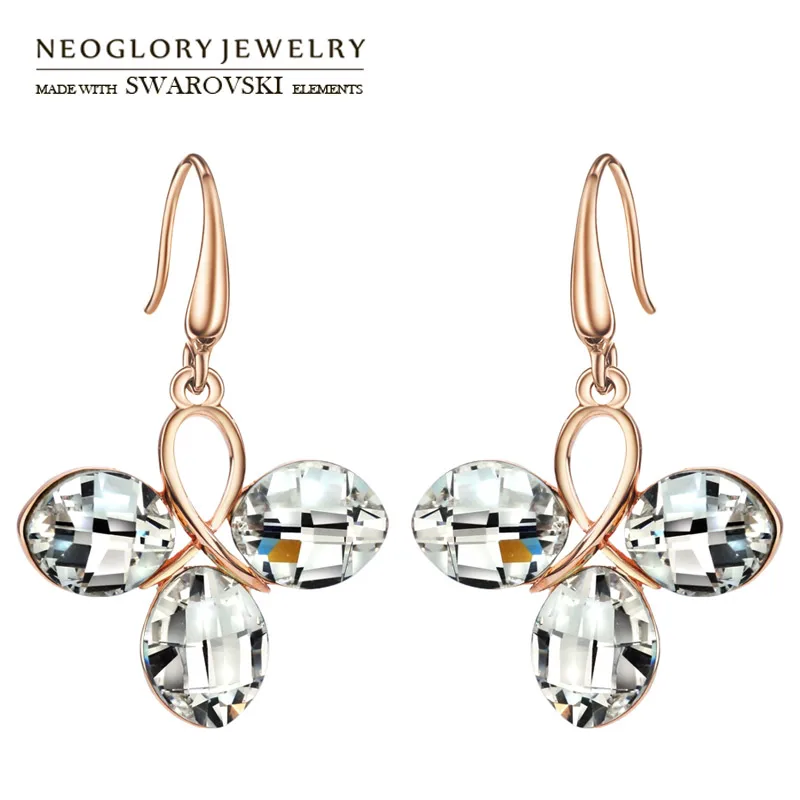 

Neoglory MADE WITH SWAROVSKI ELEMENTS Crystal Long Dangle Earrings Clover Shaped Graceful Alloy Plated Jewelry For Women Gift