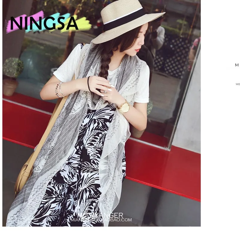 

NINGSA Skull Pattern Longer Beach Cover Ups Silk 2017 Women Swimsuit Bathing Suit Chiffon Cover Up Shawls silk scarves Pink Grey
