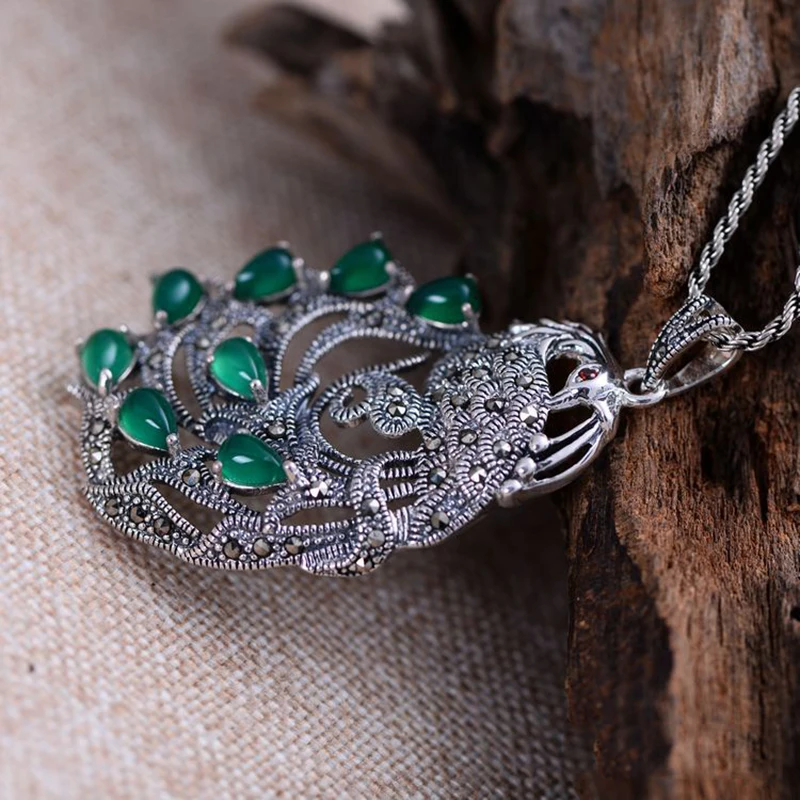 MAYONES Real Pure 925 Sterling Silver Peacock Pendants For Women Inlaid Green Chalcedony Marcasite 2
