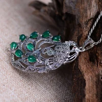 MAYONES Real Pure 925 Sterling Silver Peacock Pendants For Women Inlaid Green Chalcedony Marcasite 2