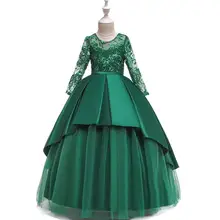 Вечерние платья для девочек-подростков на свадьбу вечерние фатиновые платья принцессы с длинными рукавами и кружевными цветами для дня рождения платье для девочек 4-14 лет