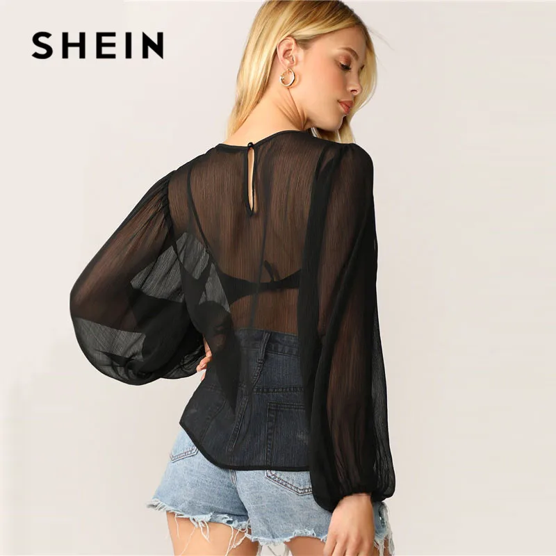 SHEIN, сексуальные женские топы с рукавом-фонариком, без бюстгальтера, черные, круглый вырез, длинный рукав, летняя блузка, Женские топы и блузки