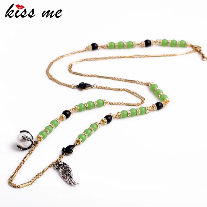 

New Item Design Women Shourouk Beads Chain Rhinestone Wing Simulated Pearls Pendant Necklace Factory Wholesale