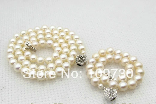

Jewelry 00668 7mm White Pearl Jewelry Set Necklace 18" Bracelet 7.5" 925 Silver Flower Clasp (A0423)
