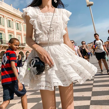

2019 Runway Summer Designer Women Two Piece Set Boho Chic Ruffles Embroidery Lace Short Tops+Mini Skirt Vacation Two Piece Suit
