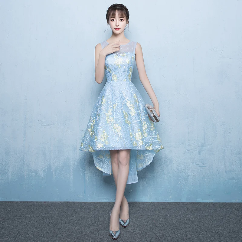 

Light Blue Women Sleeveless Cheongsam Elegant Slim O-neck Qipao Royal Lady Stage Performance Dress Bridemaid Evening Dresses