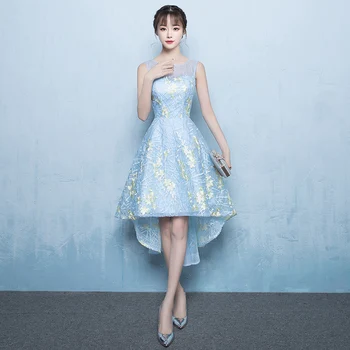 

Light Blue Women Sleeveless Cheongsam Elegant Slim O-neck Qipao Royal Lady Stage Performance Dress Bridemaid Evening Dresses