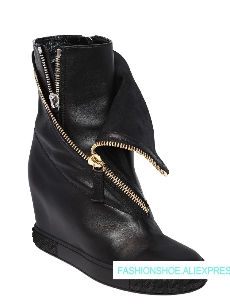 

Hot 2018 Genuine Cow Leather Ankle Boots Shoes Woman 8cm Height Increasing Wedge Boots Zip Decor Design Winter Boots Mujer Shoes