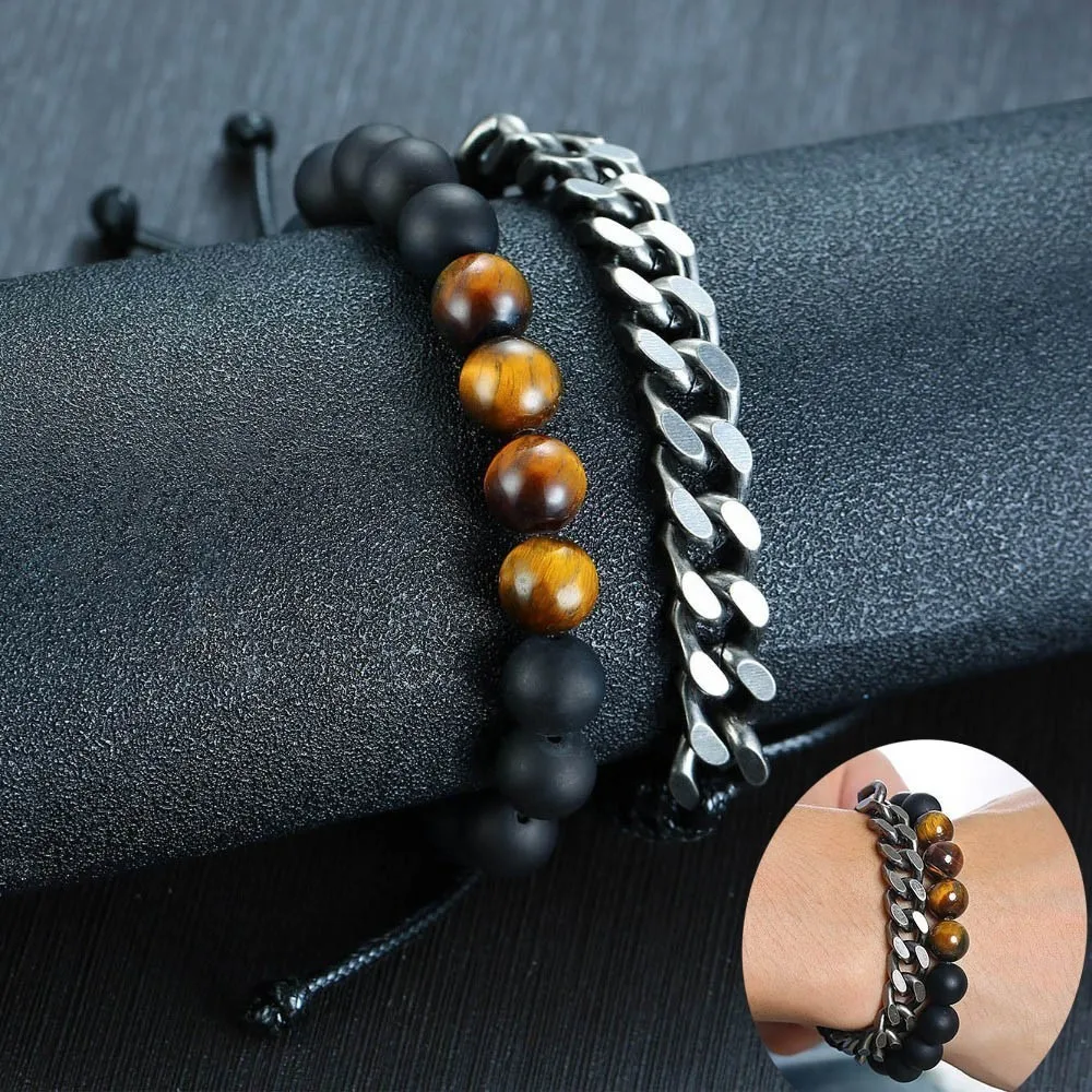 

Natural Stone Tiger Eye Beads Bracelet Men's Stainless Steel Cuban Link Double Chains Bracelets Stacking 2pcs Jewelry