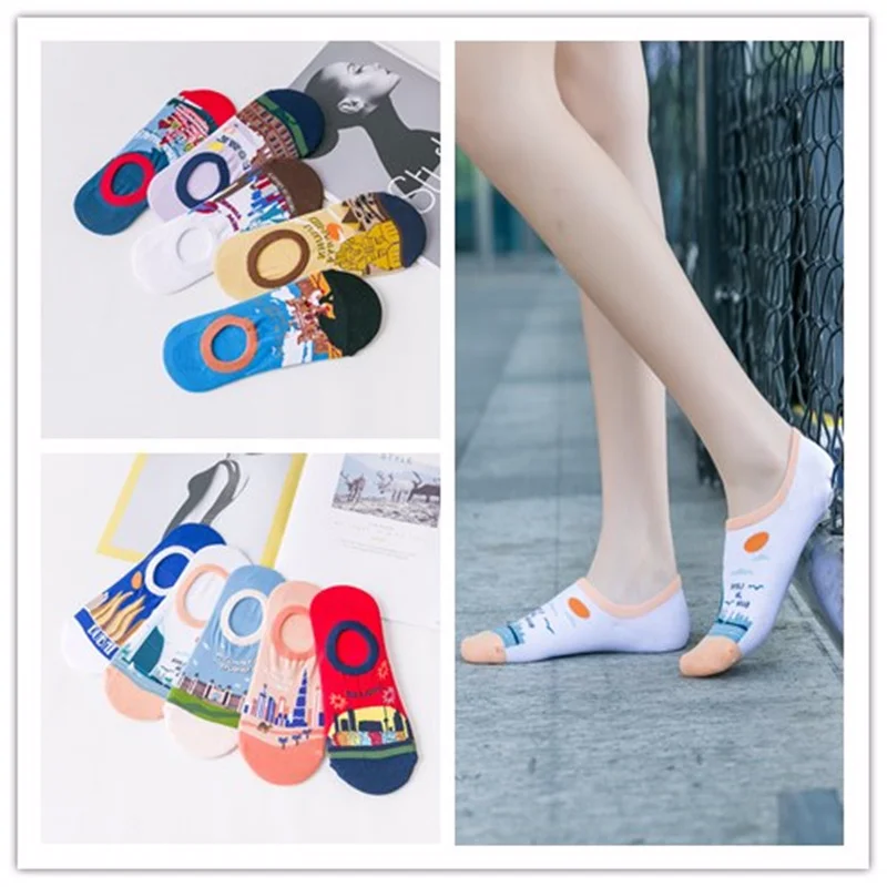 

Unisex Vintage World Famous Architectural Art Socks Pyramid Mount Fuji Notre Dame Pattern Invisible Invisible Ankle Socks