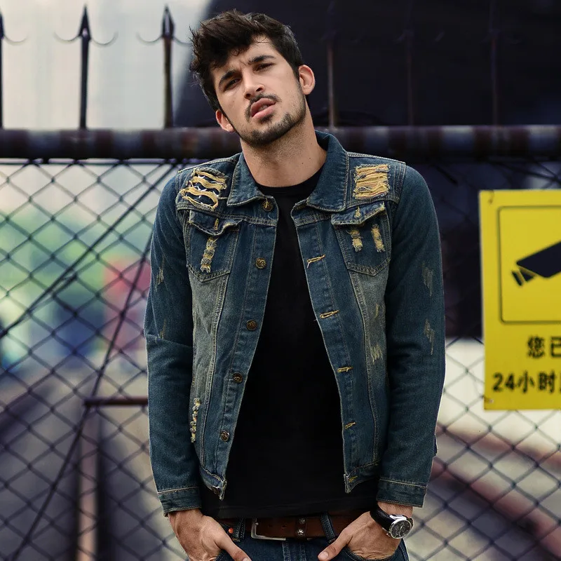 

2019 New Solid color Men Denim Jacket Fashion Spring and Autumn Men's Simple Washed Slim Fit Retro Blue Hole Jeans Jacket Coat