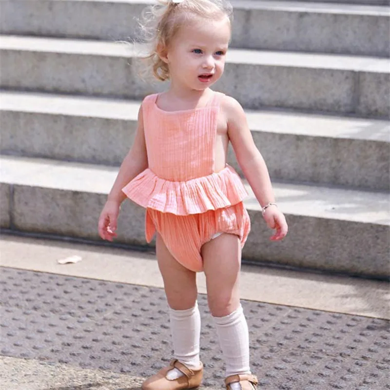 

Infant Girls Summer Linen Romper Pink White Black Newborn Baby Clothes Kids Cotton Ruffle Bubble Rompers D1186
