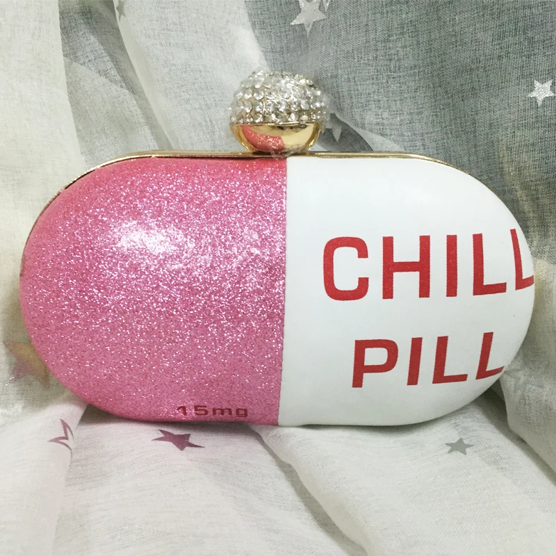 Fashion design stitching sequins letter chill pills modeling party clutch evening bags women s handbag chain