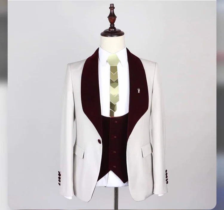 

Men Suit 2019 Wedding Suits For Men Burgundy Shawl Collar 3 Pieces Slim Fit Suit Mens Ivory Tuxedo Jacket jacket pant vest