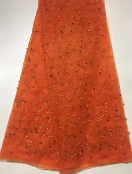 

New French beads net lace,African tulle mesh lace fabric high quality for party wedding dress 5yards/lot ELL002 Nigerian orange
