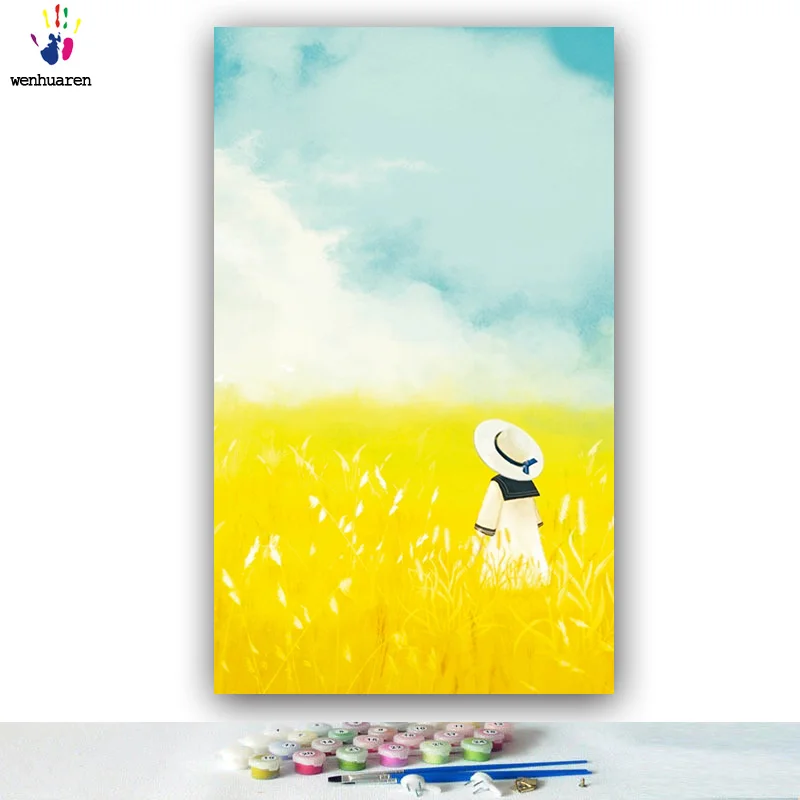DIY картинки для раскраски по номерам с цветами пшеничное поле девушка осенний пейзаж Картина Рисование по номерам в рамке дома - Цвет: 2224