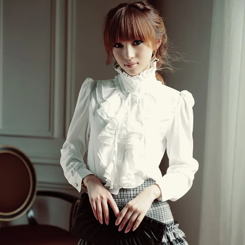 

2019 Autumn Women Blouse shirt Elegant Retro White&Black Long sleeve Chiffon Stand Collar Basic Blusa Top S-XXL