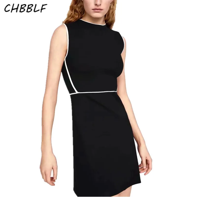 

CHBBLF women black white knitted mini dress sleeveless stretchy female dresses basic A line patchwork vestidos O5006