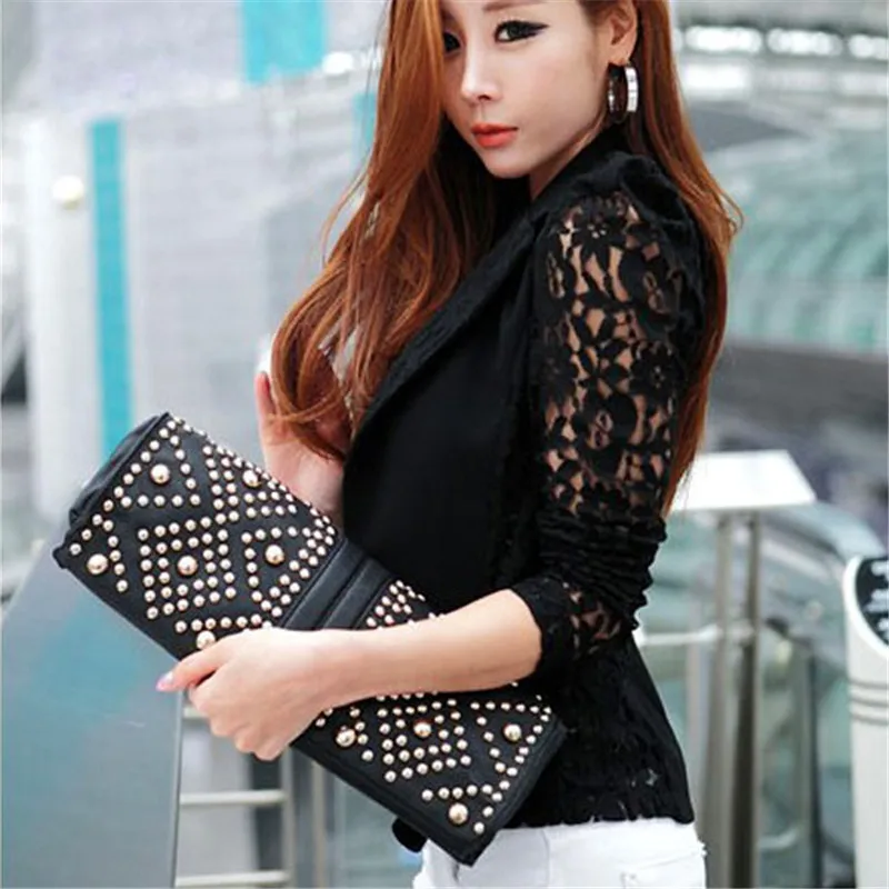 Hot Sale Autum Lace Blazer Suit Women One Button Lady OL Coat Crochet Jacket Outwear Blazer Feminino