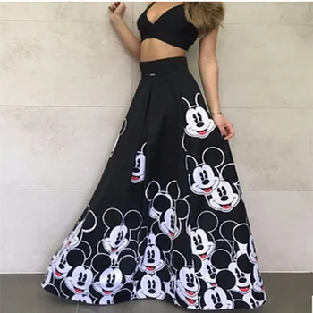Fashion Mickey Maxi Long Skirt Women 2019 Striped Long Elastic High Waist Kawaii Female Elegant Pleated Printed cartoon Skirts abstract striped pleated skirt