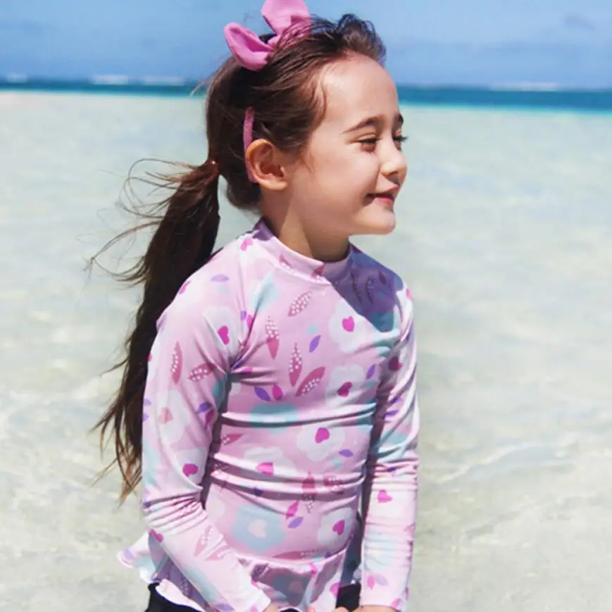 Синий купальник с листьями лотоса для девочек, детский пляжный купальник с цветочным принтом и длинными рукавами, купальный костюм, детский купальник для девочек, 344