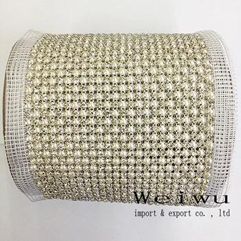

24 Rows 5 Yards Sewing Rhinestone Pearl Mesh Trimming Aluminium Silver Base