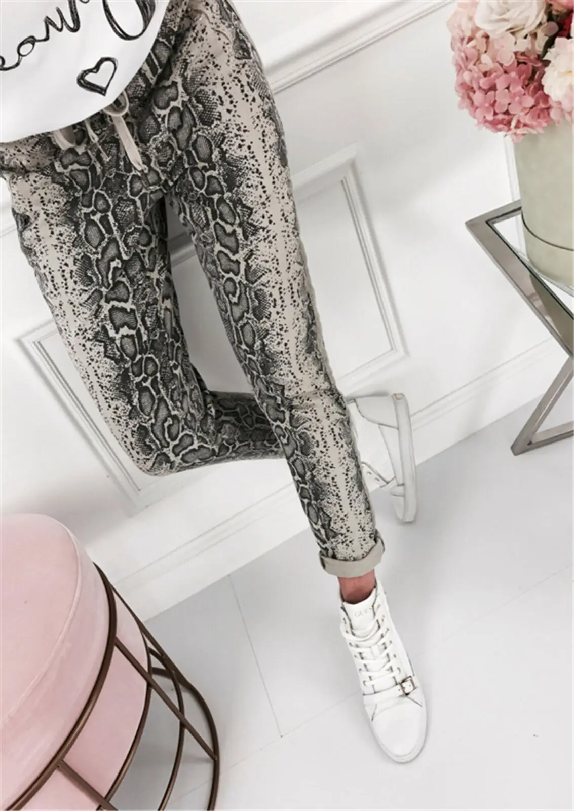 

Womens High Waist Paperbag Snake Skin Print Trousers Ladies Party Cigaratte Pants Casual Skinny Slim Summer Pencil Pants