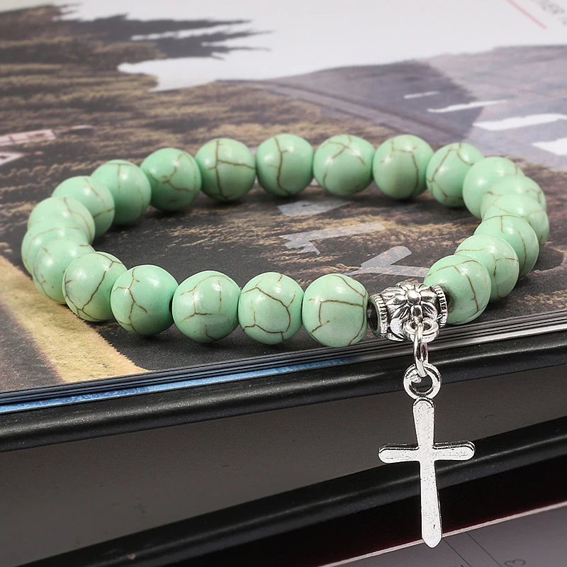

Fashion Charm Green Natural stone Beaded Bracelet for Women Bohemian Couple Bracelet Men Angel Cross Pendant Jewelry lover Gifts