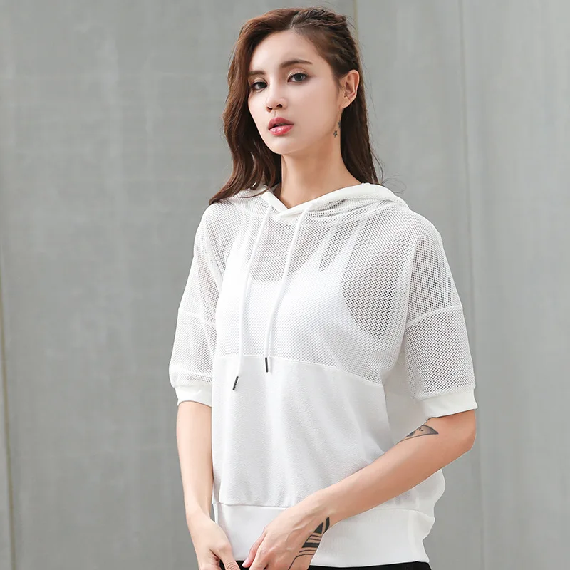 Summer Loose Women Hooded Shirt Short Sleeve Mesh Patchwork Hoodies Tops Fitness Dry Quick