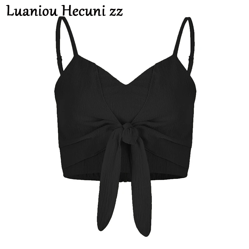 CHU Ni укороченный топ с рукавами-спагетти, женские рубашки, однотонный короткий летний топ, женская уличная одежда, сексуальные женские блузки с бантом, LS28 - Цвет: Black