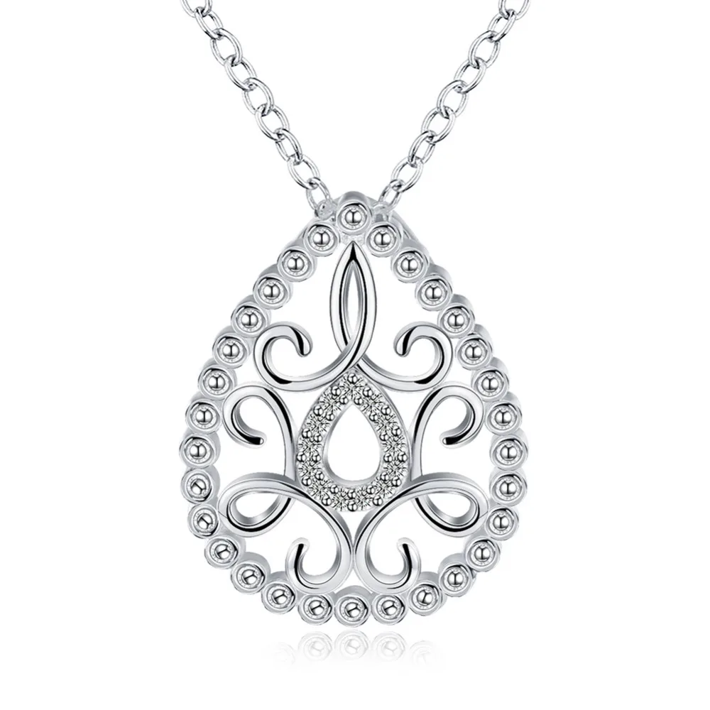 

N858 925 sterling silver pendant necklace big hollow flower drop water crystal stone for women fine party jewelry maxi necklace