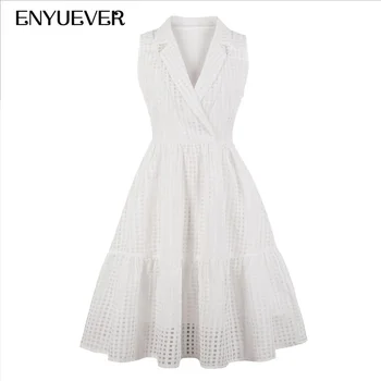 

Enyuever White Dress Plus Size Women Clothing Sleeveless Turn Down Collar Plaid Party Elegant Office Dress Vestido Casual Jurken