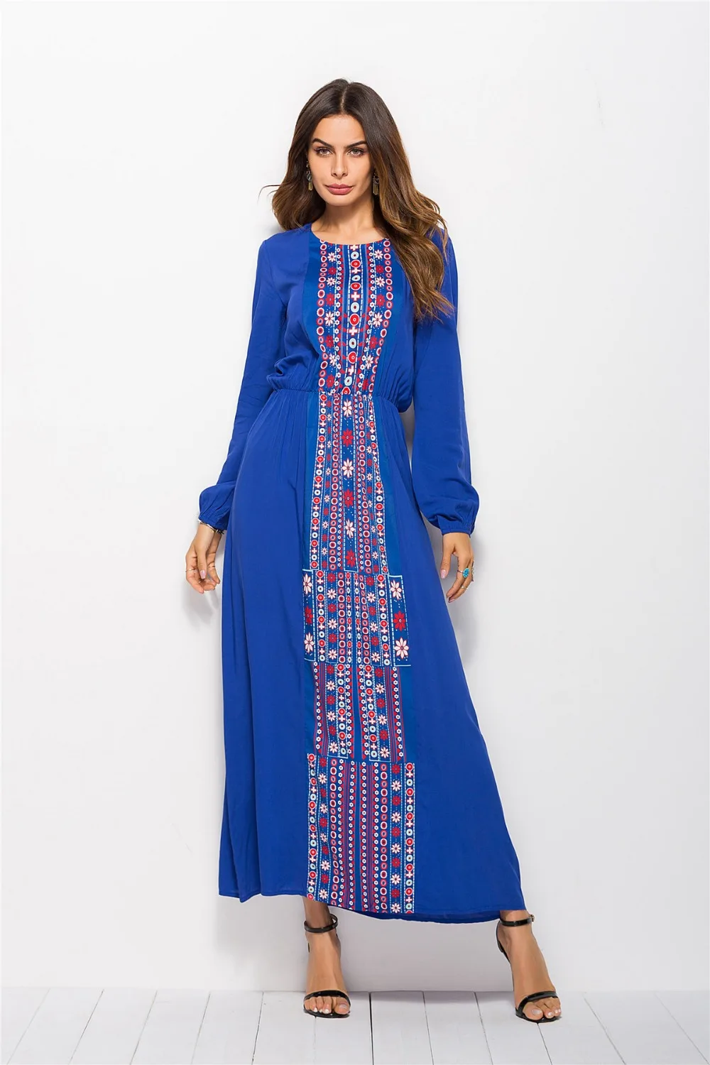 Элегантный мусульманский абайя печати Платье макси с длинными рукавами и пышной юбкой кимоно длинный халат платья Рамадан Ближний Восток