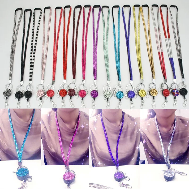 

New 2019 Bling Rhinestone Lanyard Retractable Strap ID Phone Rope Badge Key Holder Necklace Sweater Chain For Women Girl Jewelry