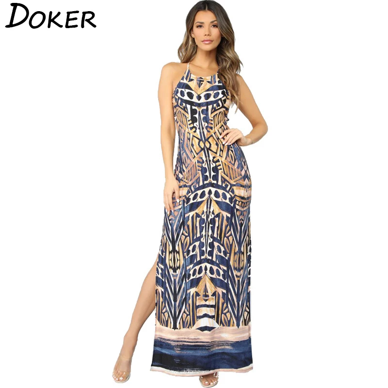 

Sexy Cross Bandage Backless Bodycon Dress Women New Sleeveless Halter Summer Beach Dress Boho Printed Female Maxi Dresses
