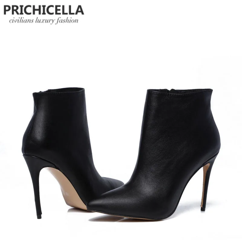 PRICHICELLA/качественные женские зимние ботинки из натуральной кожи; Черные ботильоны на шпильке с острым носком; size34-42
