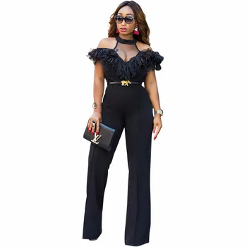 

2019 lace ribbon lace wide leg pants Hot classic sexy pure color hanging neck shoulder jumpsuit High quality ruffled fashion sty