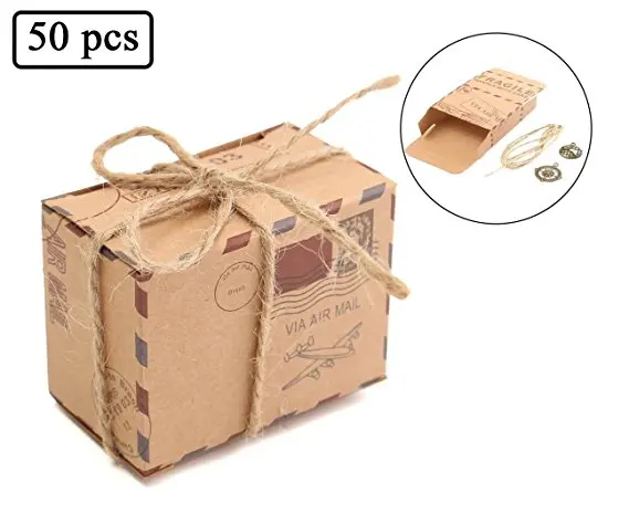 

50Pcs/Pack Travel Themed Air Mail Design Candy boxes Kraft Paper Wedding Favor gifts Box With Burlap Twine and Metal Decoration