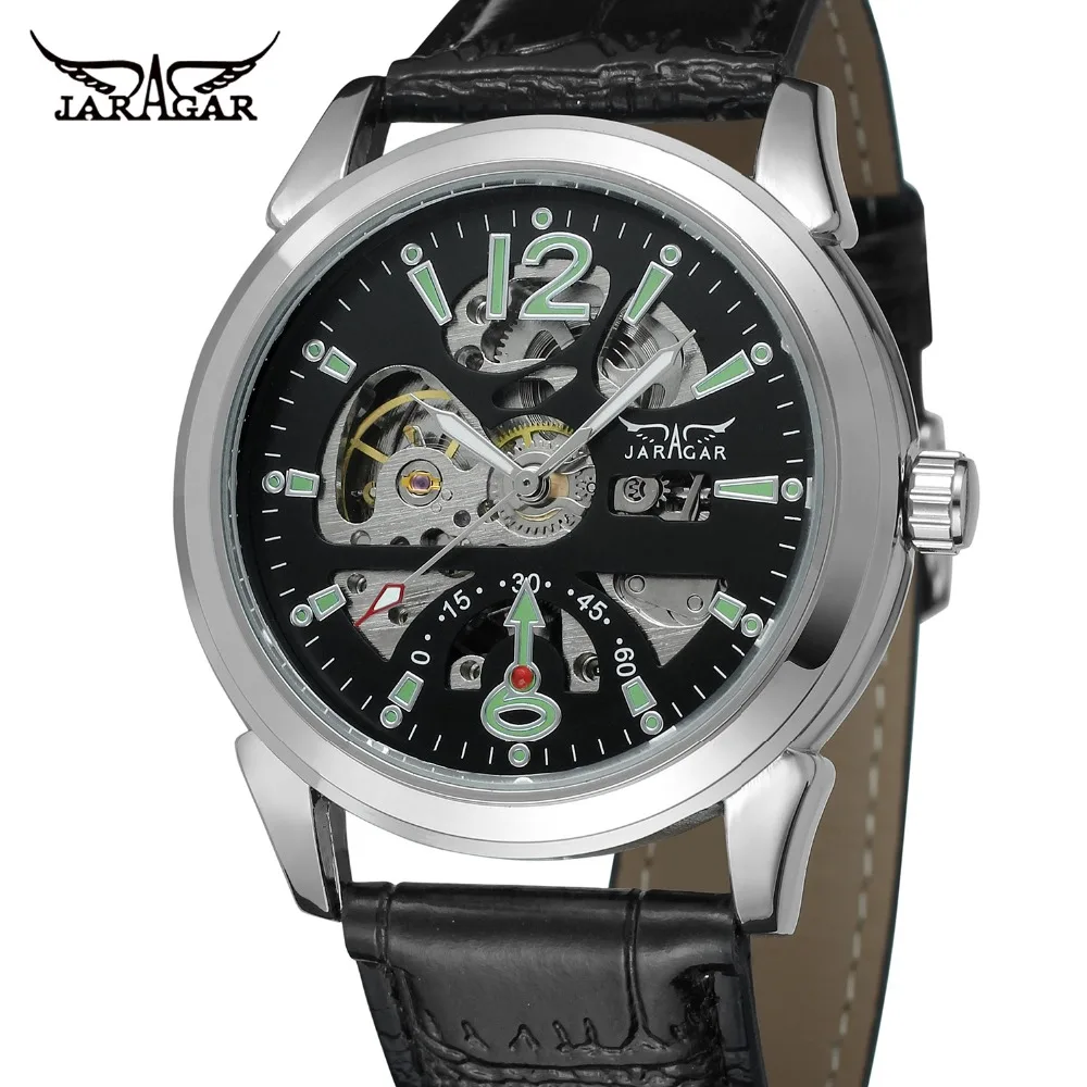 

JARAGAR Unique Men's Automatic Self-winding Skeleton Dial Leather Strap Analogue Display Fashion Sport Wrist Watch JAG8052M3