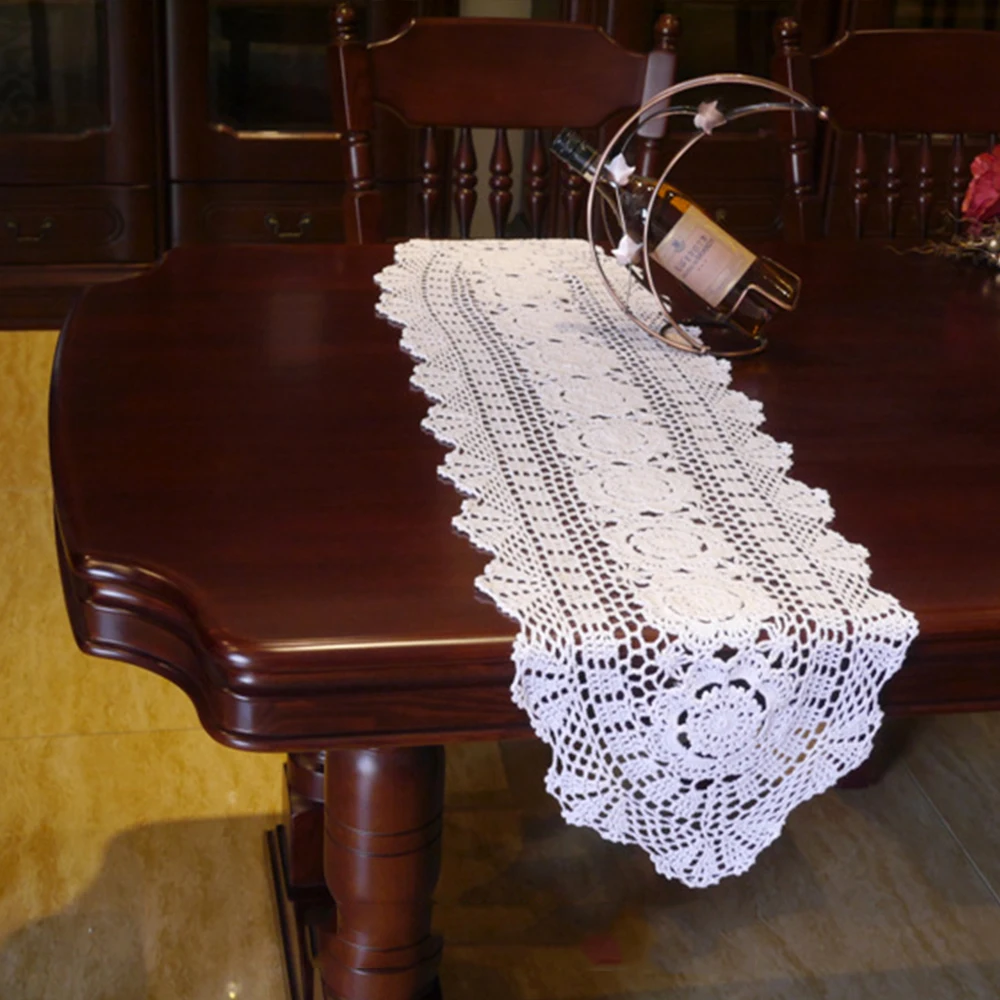 

Rainqueen White/Beige Vintage Lace Table Runner Cotton Crochet Path Placemats Party Dining Table Decoration TV Cabinet Cover