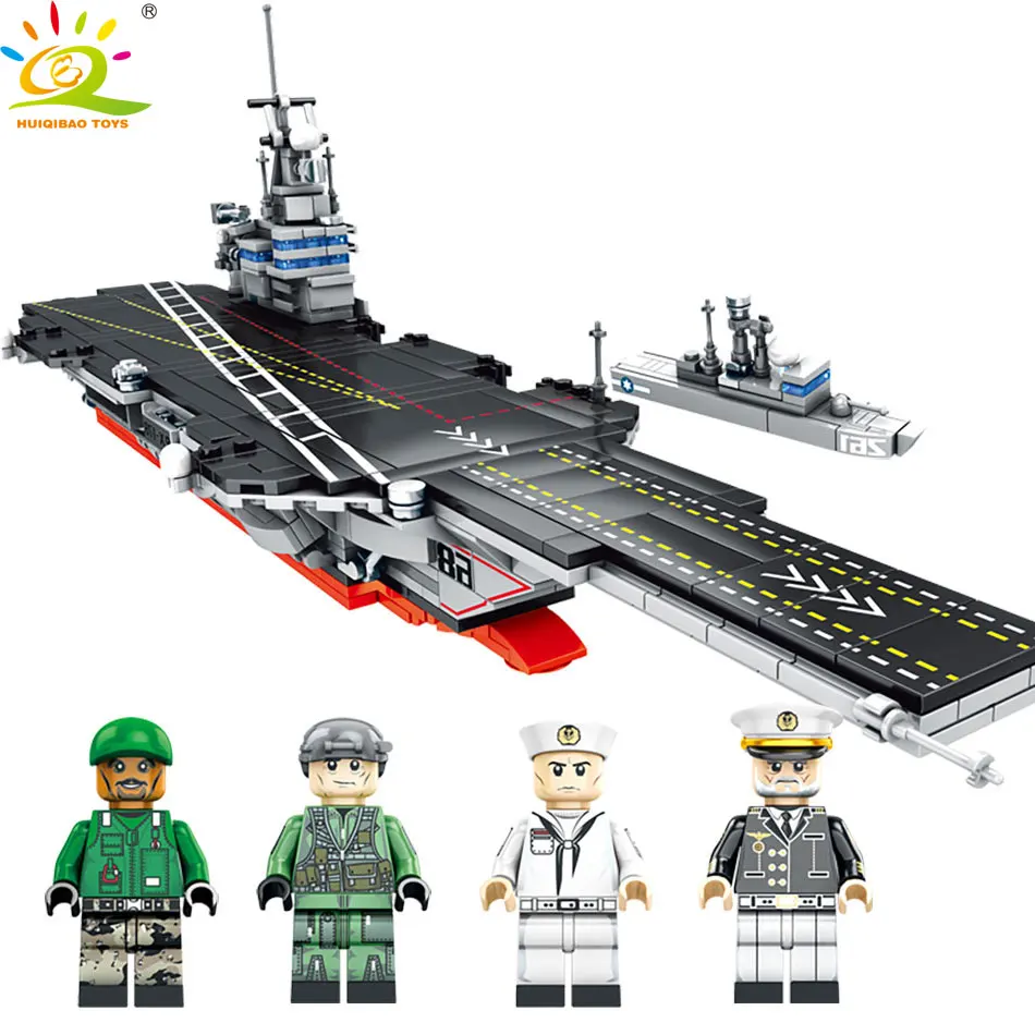 

HUIQIBAO TOYS 716PCS Military US WW2 Warship Building Blocks For Children Army Ship Navy Figure Gun bricks