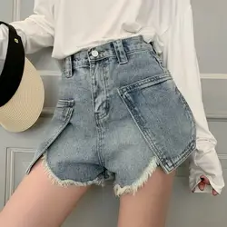 2019 Лето Уличная модная Высокая Талия Для женщин джинсовые шорты декоративные карманы Повседневное женские шорты