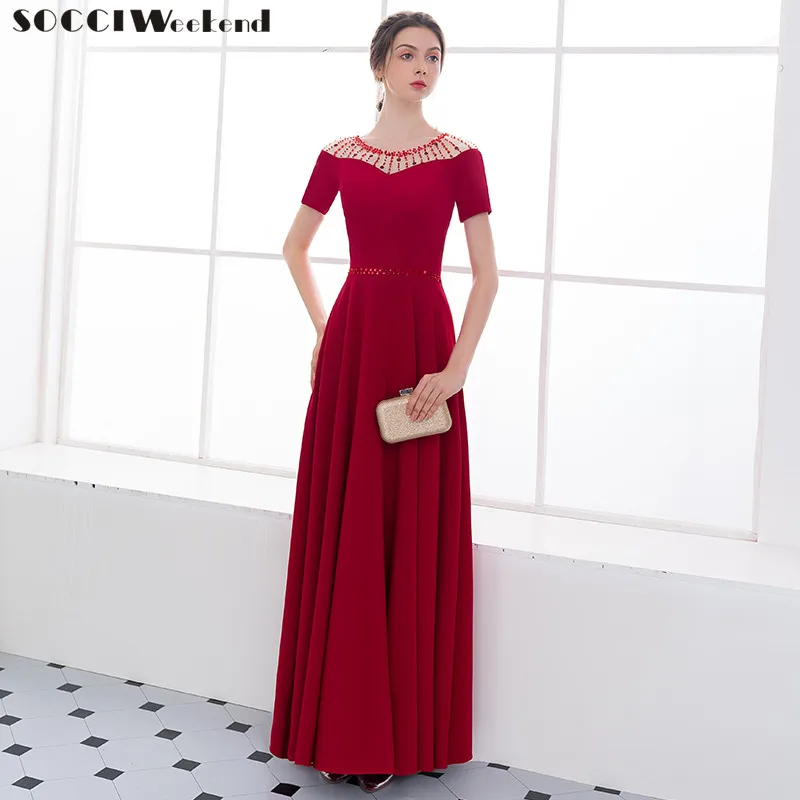 

Long Evening Dresses SOCCI New 2018 Short Sleeves Beaded Floor length Lace Up Back Burgundy Dress Bridal Formal Prom Party Gowns