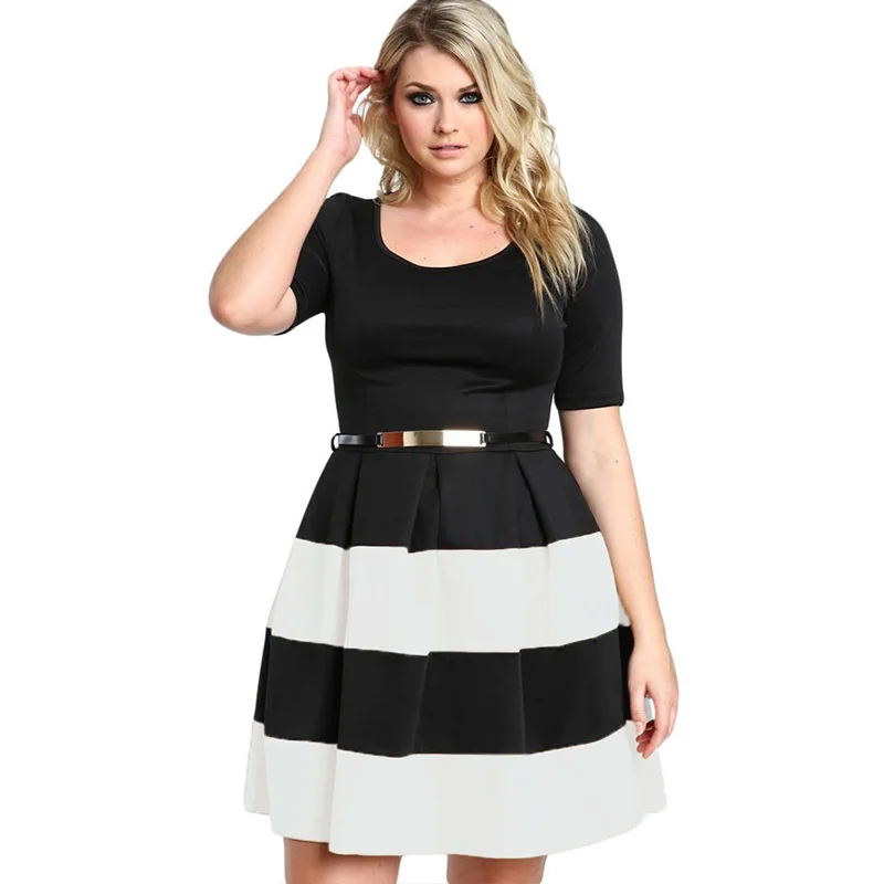 Women's Casual Summer Style Block Striped Belted Plus Size A-Line Short Sleeve Mini Skater Dress XXXL W870401A (6)